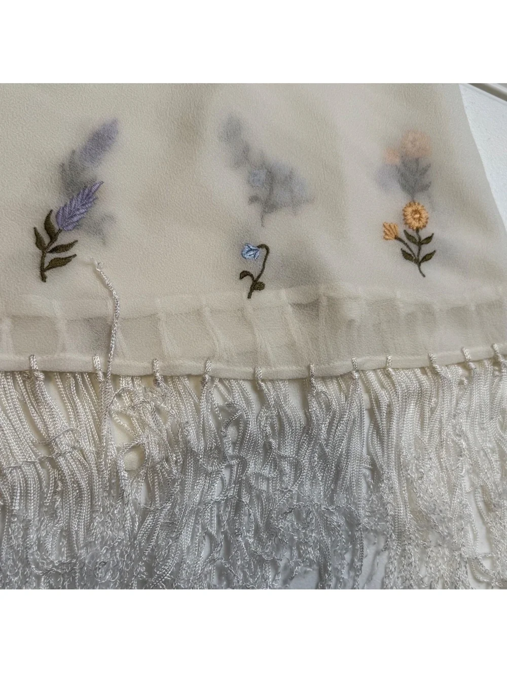 Vintage Sheer Floral Embroidered Fringe Shawl Cottagecore Boho Wrap Scarf